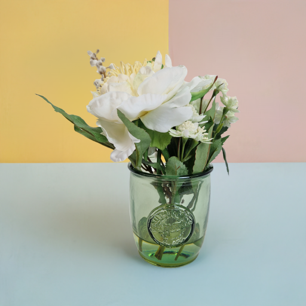 Peony Faux Flowers Cream Peony, Astrantia & Acacia in Glass Beaker