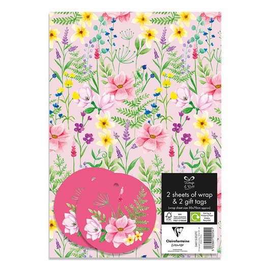 Clairefontaine Kraft Floral Co-ordinating Wrap & Tag Pack