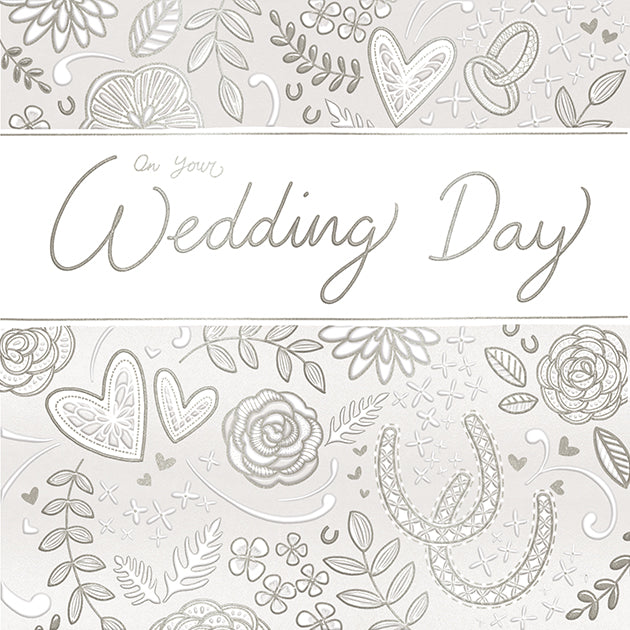 Silver Leaf & Hearts Pattern Wedding Day Card