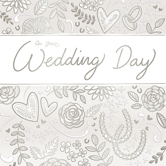 Silver Leaf & Hearts Pattern Wedding Day Card