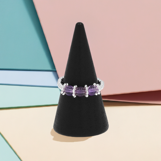 Equilibrium Elasticated Stackable Silver Plated Ring Amethyst NG