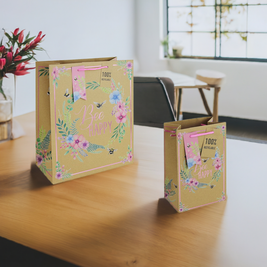 Clairefontaine 'Bee Happy' Floral Brown Paper Recyclable Gift Bag - 3 Sizes