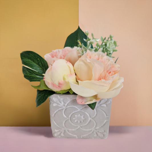 Peony Faux Flowers Pink Peonies in a Cement Cube