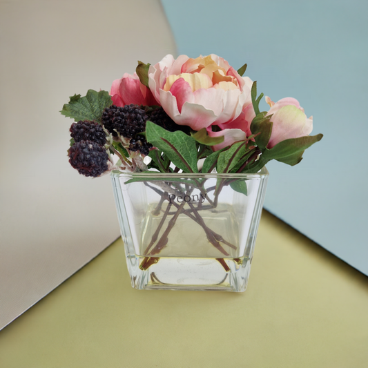 Peony Faux Flowers Peonys & Blackberries in a Cube