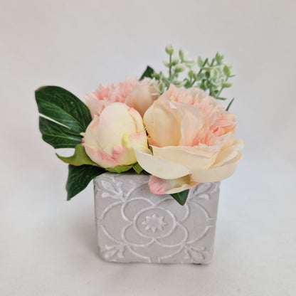Peony Faux Flowers Pink Peonies in a Cement Cube