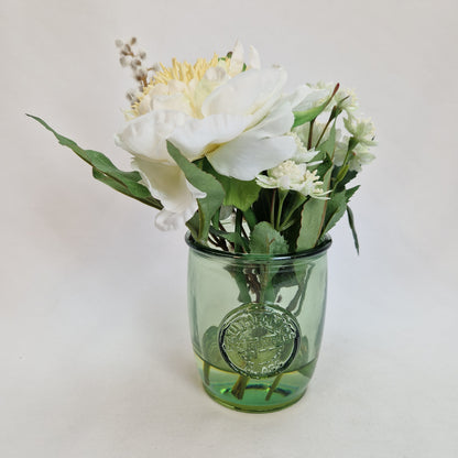 Peony Faux Flowers Cream Peony, Astrantia & Acacia in Glass Beaker