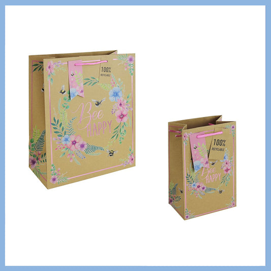 Clairefontaine 'Bee Happy' Floral Brown Paper Recyclable Gift Bag - 3 Sizes